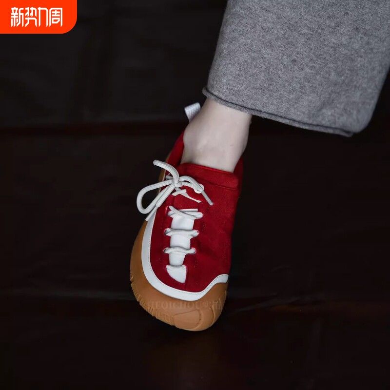红色圆头系带德训鞋女软底新款厚底百搭户外运动休闲鞋平底女鞋