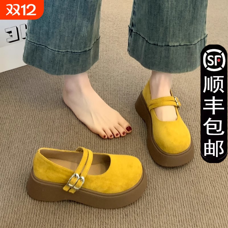 厚底配裙子勃肯鞋女2025新款黄色法式单鞋增高乐福鞋玛丽珍小皮鞋