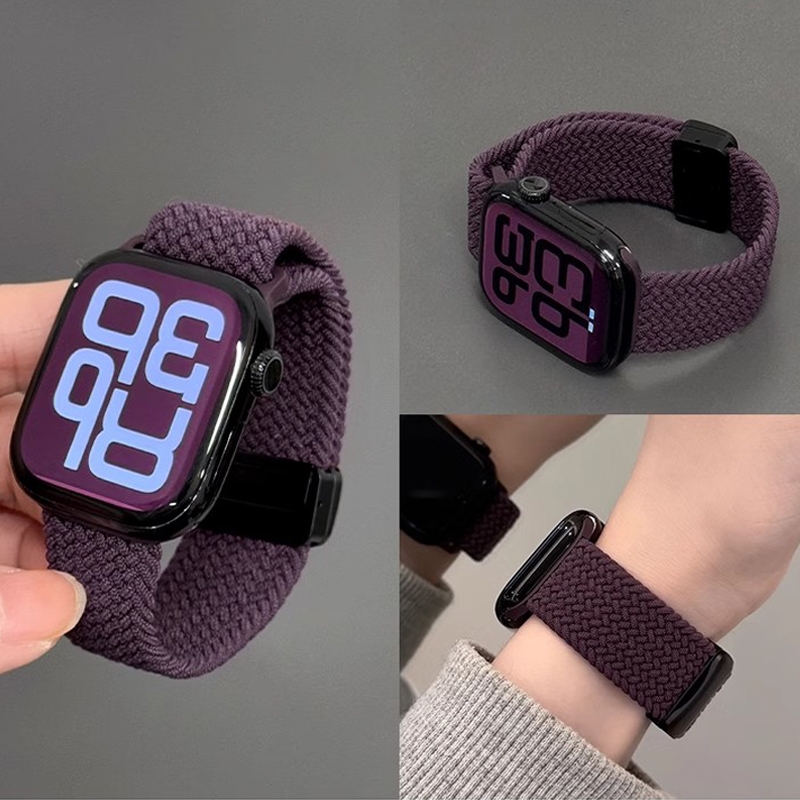 适用苹果手表表带iWatchs10代尼龙弹力applewatch9编织透气s8夏天女款SE磁吸41mm45运动Ultra男秋夏季黑色