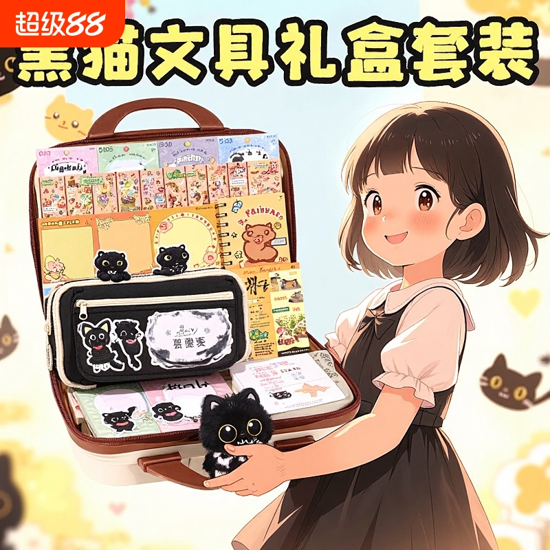 ▶小黑猫笔袋孩子喜欢的文具套装