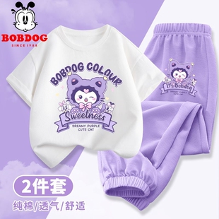 巴布豆女童运动套装薄款夏季2026新款防蚊裤儿童短袖纯棉休闲夏装