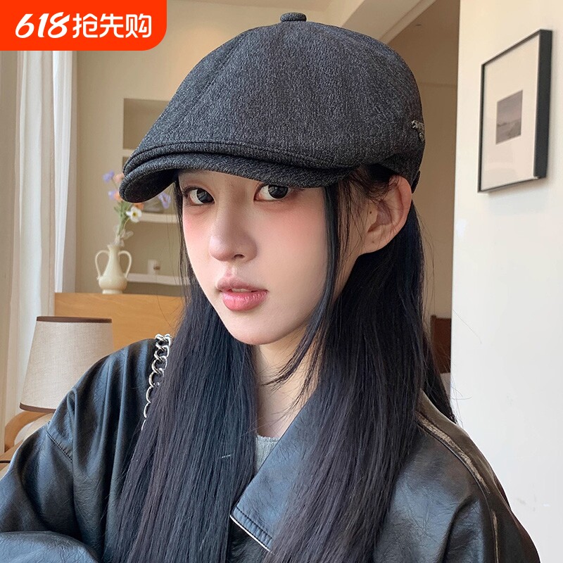 春秋季薄款显脸小帽子女新款简约百搭透气前进贝雷帽潮黑色复古