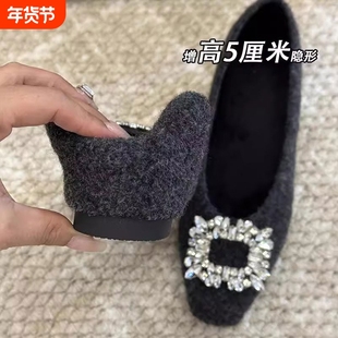 小个子内增高5CM方扣毛毛鞋女冬季加绒保暖绒面浅口玛丽珍单鞋女