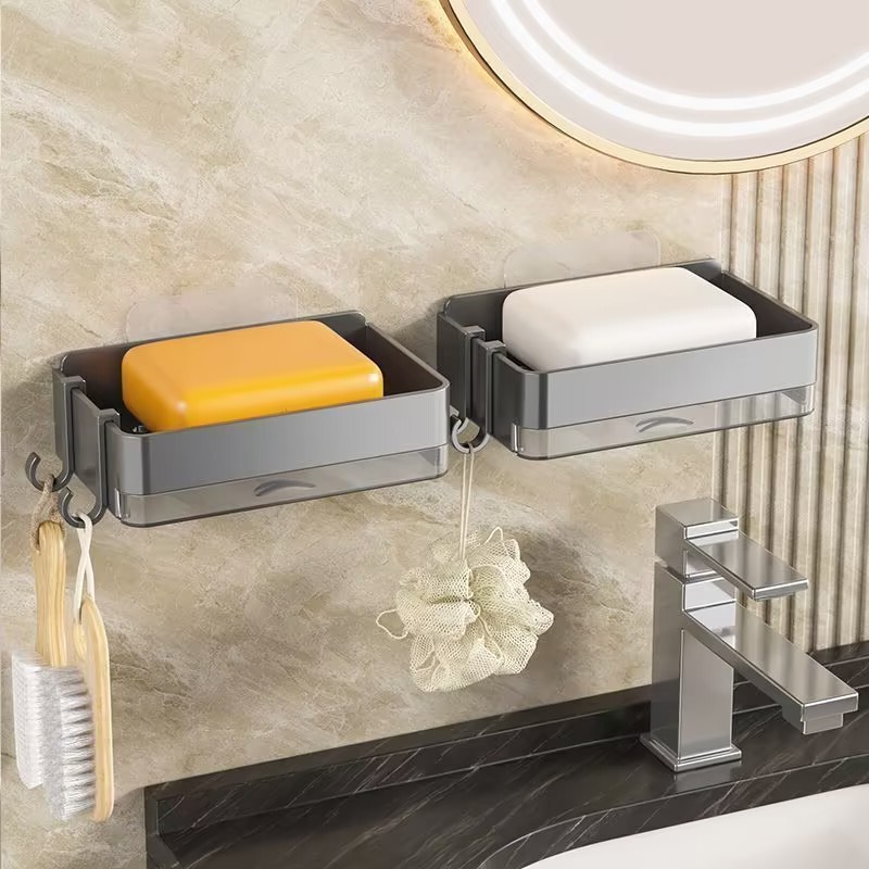 肥皂盒壁挂式免打孔卫生间双层肥皂沥水盒家用浴室墙上香皂置物架