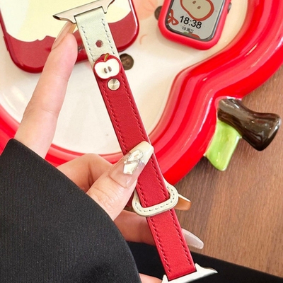 适用iwatchS11苹果手表SE3可爱大红苹果表带ApplewatchS10真皮质腕带ultra3夏天个性透气可调节s8夏季双钉扣