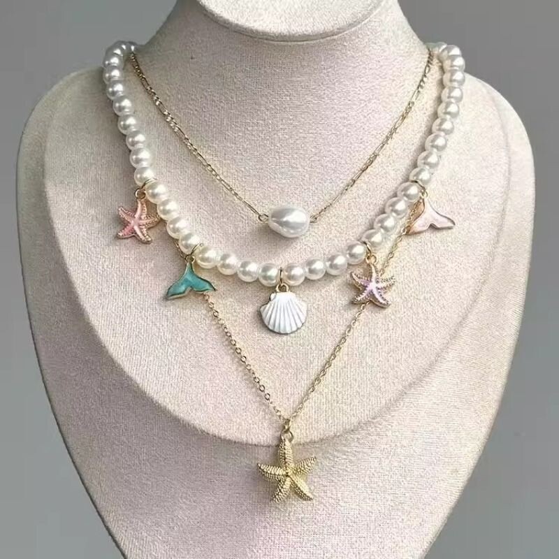 波西米亚风贝壳海星珍珠项链女轻奢高级感多层锁骨链海边度假配饰
