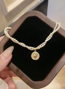 法式双层满天星麻花项链2025新款千金感设计高级八芒星罗盘毛衣链