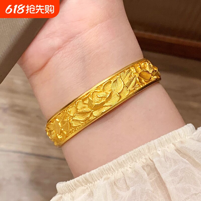 宽版牡丹花手镯越南沙金女黄金色实心轮胎花朵新中式复古镯子宽面