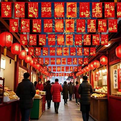 新年春节防水布拉旗串红色福字灯笼拉花条幅商超店铺装饰布置用品
