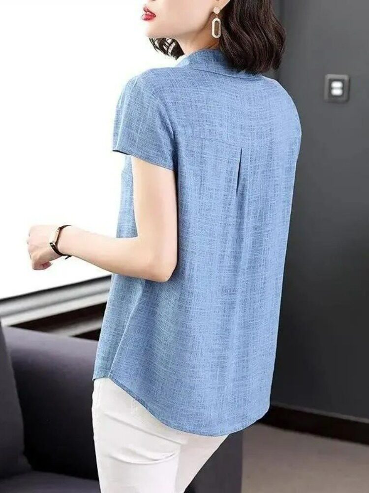 면과 린넨 셔츠 여성 여름 얇은 느슨한 대형 지방 MM 중년 어머니는 배를 덮어 슬림 캐주얼 린넨 탑을 연출합니다