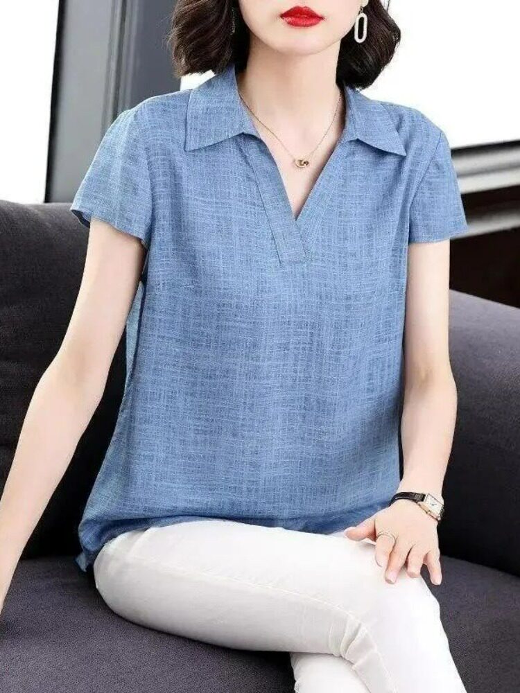 면과 린넨 셔츠 여성 여름 얇은 느슨한 대형 지방 MM 중년 어머니는 배를 덮어 슬림 캐주얼 린넨 탑을 연출합니다