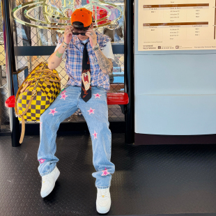 LAD自主CH风粉色贴皮双层五角星925镀银扣高腰直筒501蓝牛仔裤