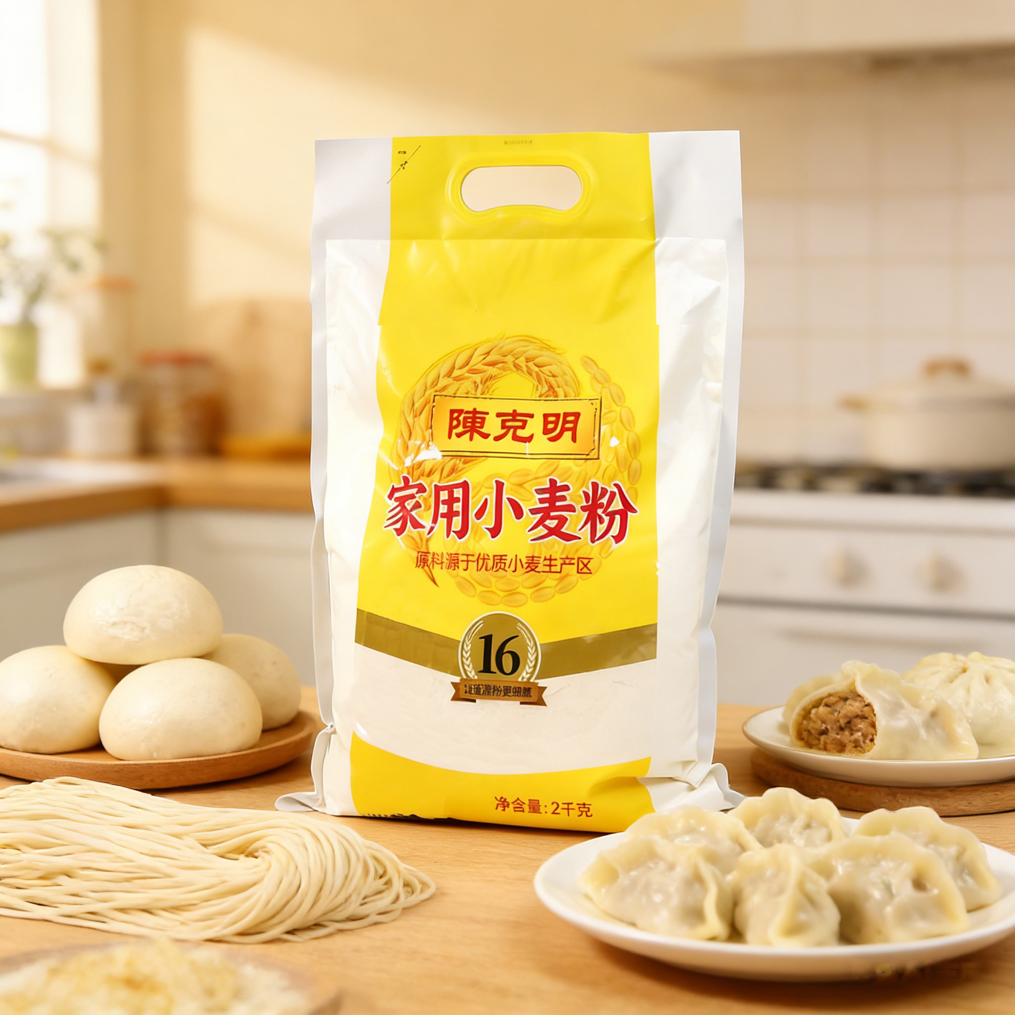 陈克明家用小麦粉2kg中筋面粉包子饺子面条烙饼家庭通用新鲜日期