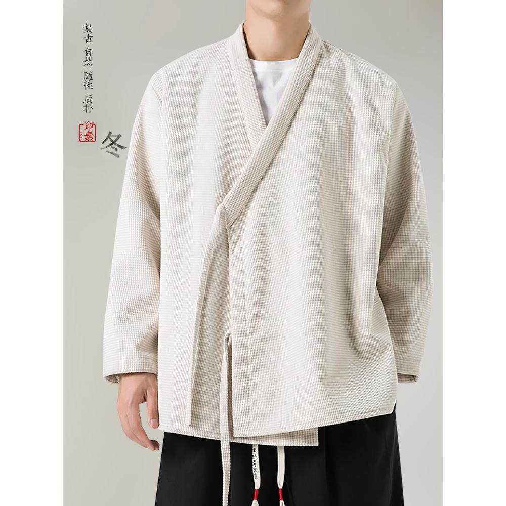 新款冬季新中式改良加绒加厚斜襟汉服外套男装道袍居士服唐装禅意