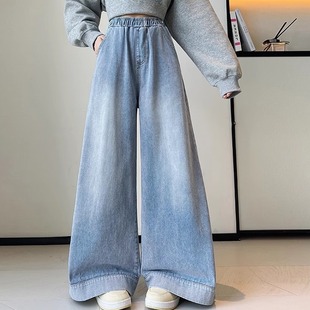 加肥大碼 女2025秋高腰直筒闊腿褲 拖地褲 復古寬松遮肉顯瘦牛仔長褲