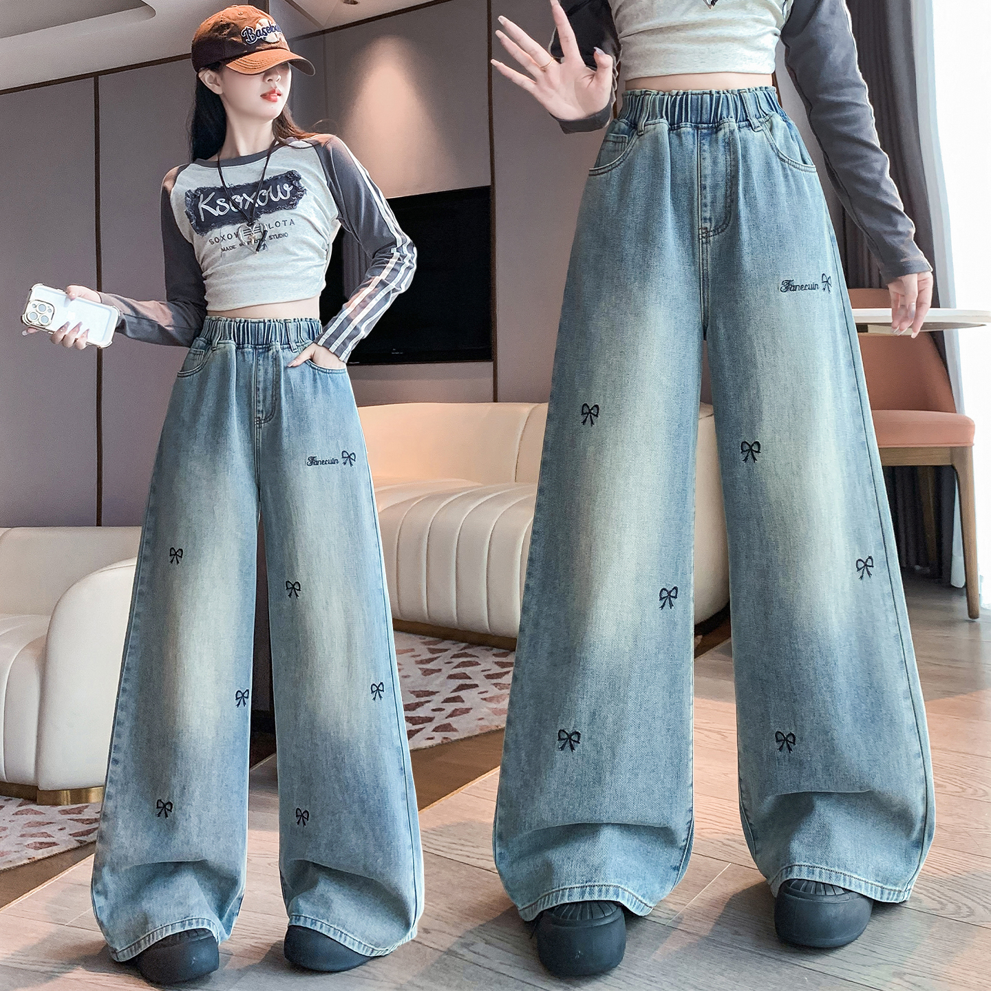 加大码时尚刺绣蝴蝶结牛仔阔腿裤