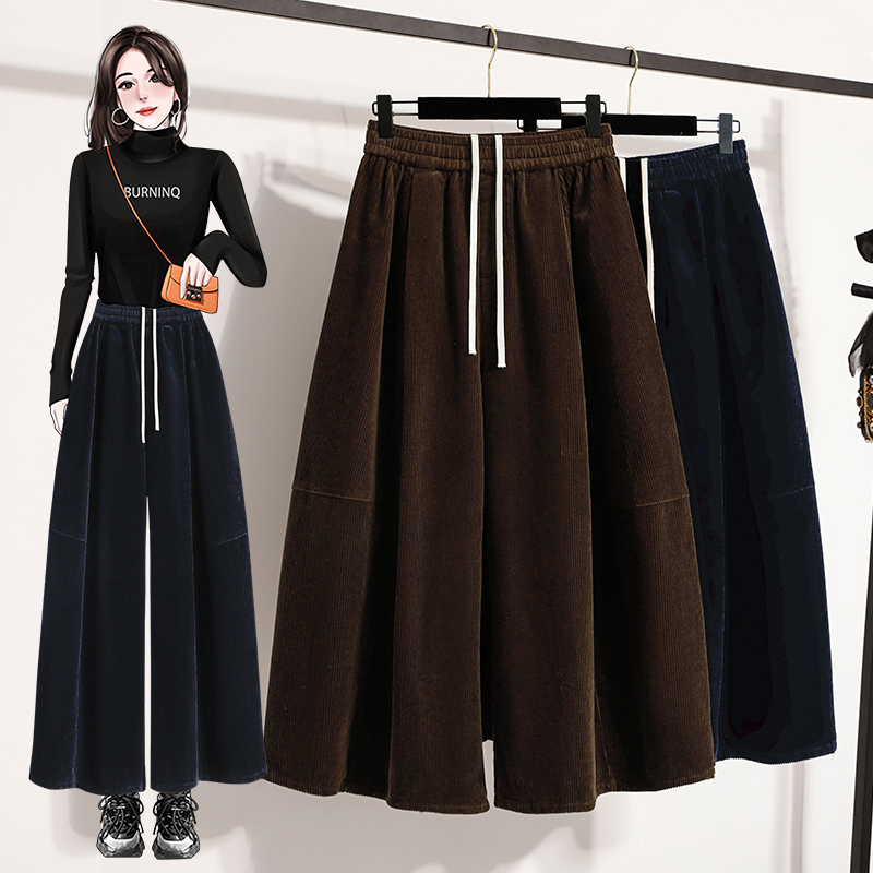 加大码松紧腰抽绳灯芯绒阔腿裤潮