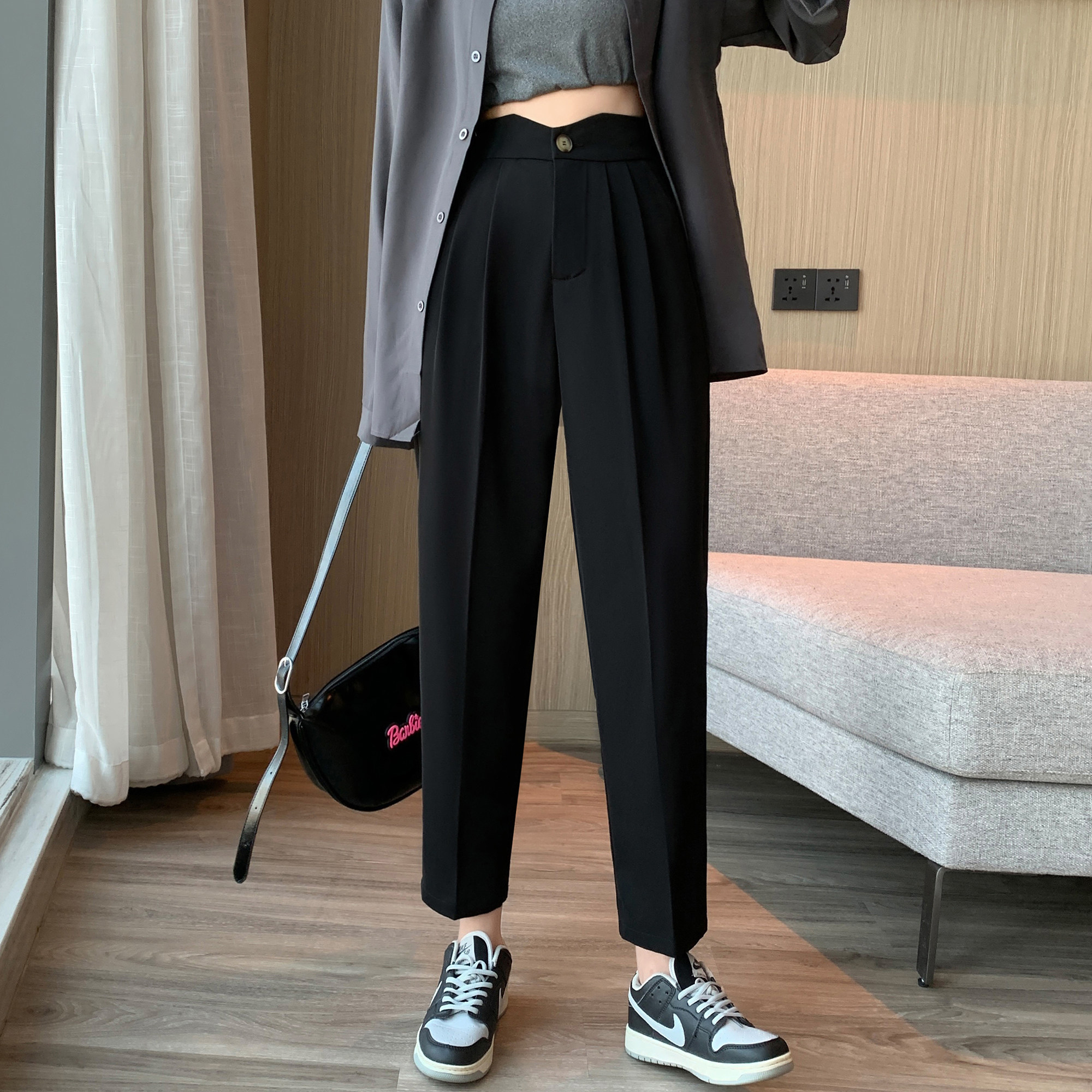 大码春夏季韩版西装哈伦裤女梨型身材小个子遮胯显瘦休闲九分裤潮
