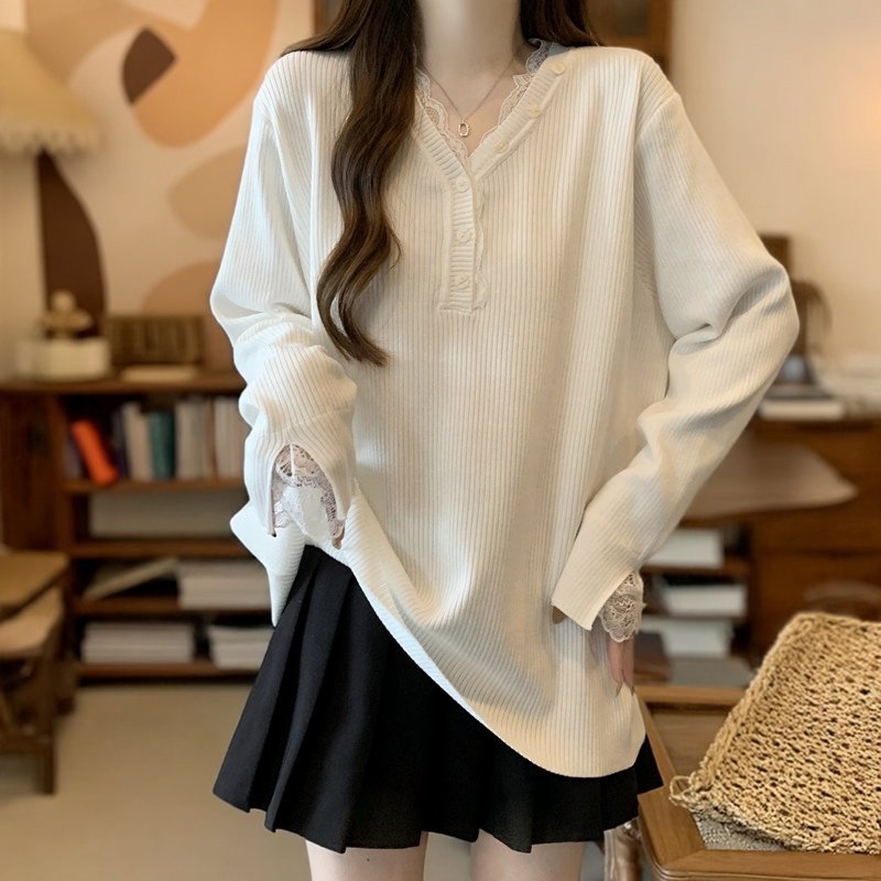 大码女装纯色V领蕾丝花边针织衫2026春季新款宽松显瘦百搭打底衫,女装/女士精品,大码内搭,淘宝优惠券,粉丝福利购,淘宝优惠卷