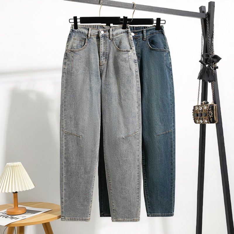 2026春季新款复古做旧休闲牛仔哈伦裤女加大码高腰遮胯显瘦阔腿裤,女装/女士精品,大码裤装,淘宝优惠券,粉丝福利购,淘宝优惠卷