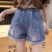 女高腰胖妹妹松紧腰阔腿热裤 2025夏季 破洞卷边牛仔短裤 大码 潮 新款