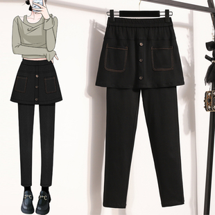 胖MM遮肚显瘦洋气百搭松紧腰休闲小脚裤 女秋装 高腰假两件裙裤 大码
