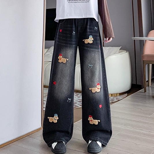 2025秋季新款可爱刺绣牛仔阔腿裤