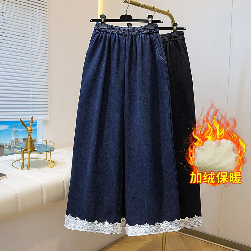 加大码蕾丝花边拼接加绒牛仔裤女