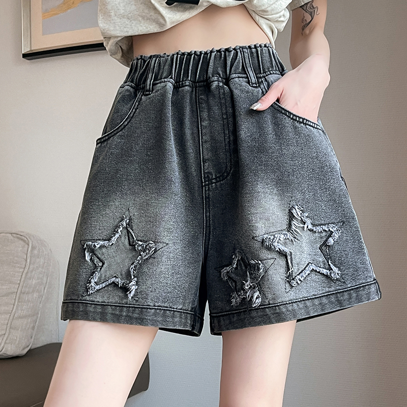 特大码松紧腰印花翻边牛仔短裤女夏季胖妹妹宽松显瘦阔腿4分热裤