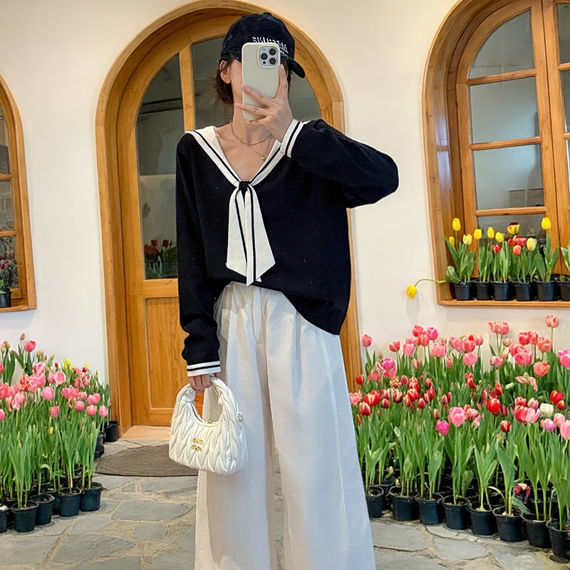 加大码学院风海军领柔软针织衫女