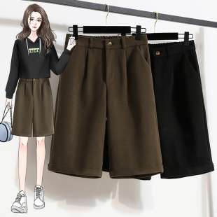 子女秋冬装 外穿打底靴裤 中裤 大码 加厚阔腿短裤 高腰毛呢休闲五分裤