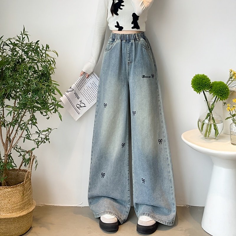 加大码时尚洋气刺绣蝴蝶结牛仔拖地裤胖MM遮胯显瘦休闲百搭阔腿裤,女装/女士精品,大码裤装,淘宝优惠券,粉丝福利购,淘宝优惠卷