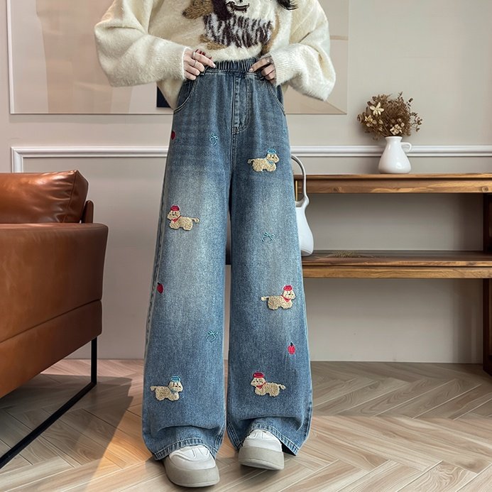 梨形身材胖MM遮胯显瘦阔腿裤女2026春季新款设计感卡通刺绣拖地裤,女装/女士精品,大码裤装,淘宝优惠券,粉丝福利购,淘宝优惠卷