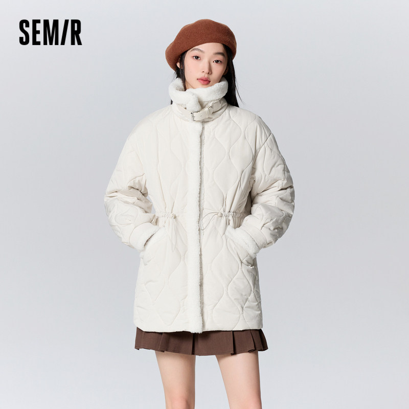 森马棉服女中长款宽松立领简约2023冬季新款气质收腰棉袄时尚百搭