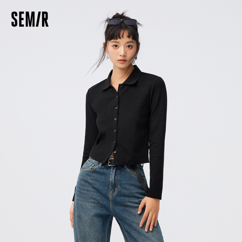 [商场同款]森马POLO衫女短款修身简约2023秋季新款肌理感上衣百搭