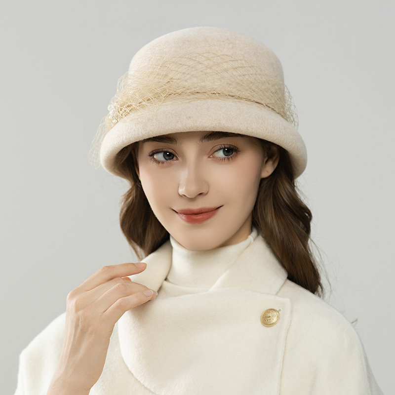 秋冬季新款羊毛帽时尚渔夫帽网纱蝴蝶结优雅保暖盆帽女士帽子