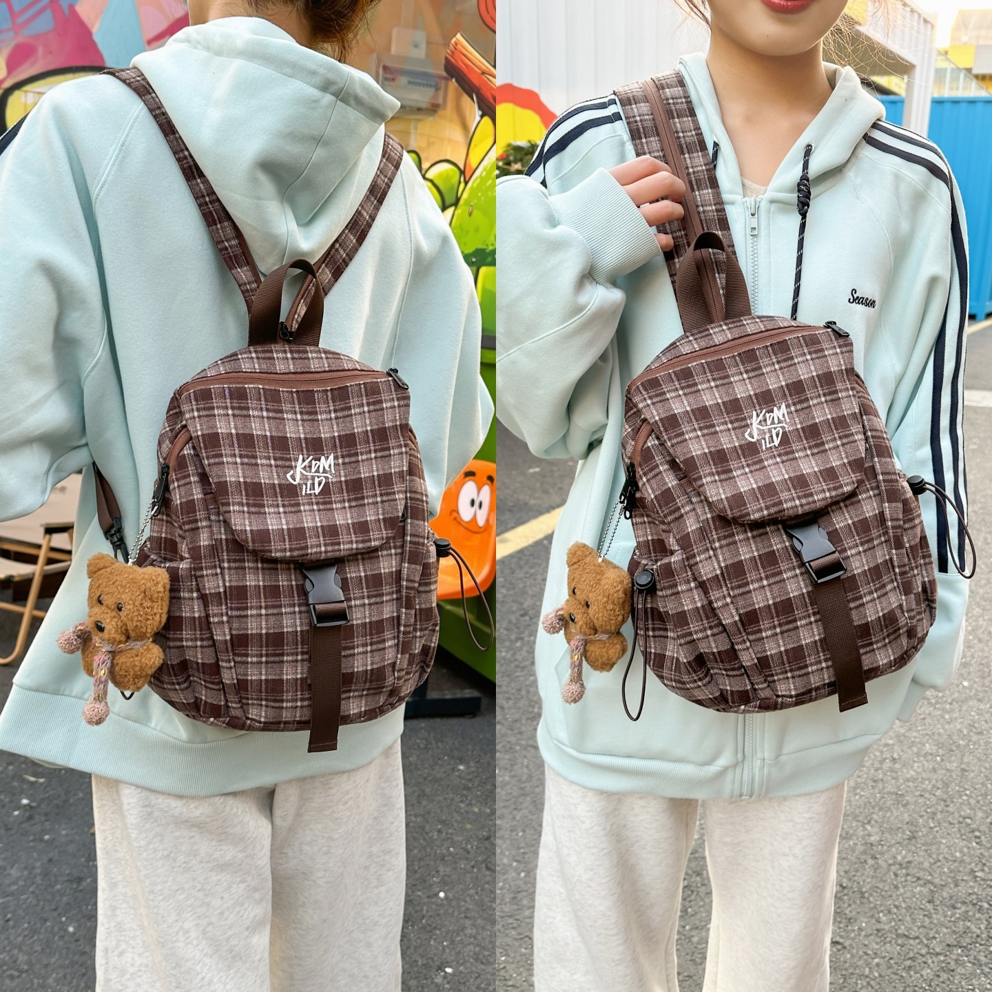 高颜值小型轻便双肩包百搭毛呢格子多用胸包女小众斜挎包单肩背包