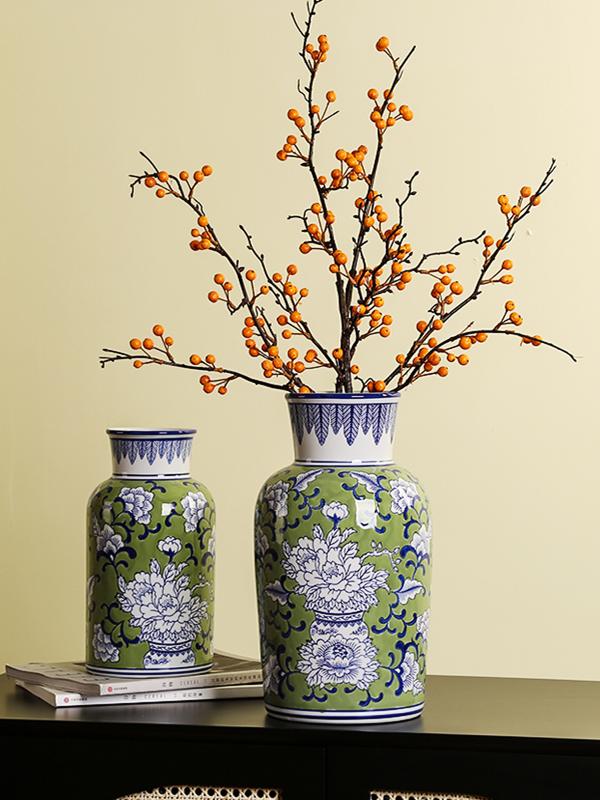 新中国风青花瓷花瓶桌面插花客厅入口高雅的民宿桌面花容器研究装