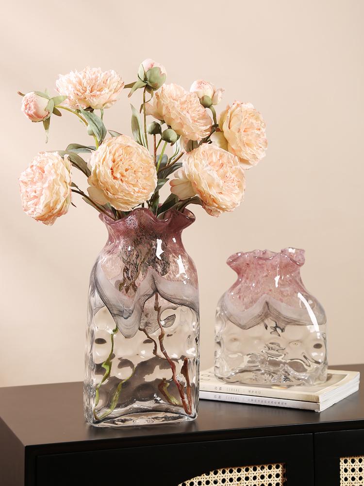 艺术玻璃粉色花瓶轻奢现代简约摆件客厅茶几电视柜可水培花器装饰