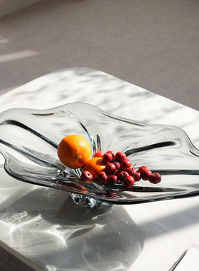 轻奢艺术玻璃烟灰色大号果盘现代客厅样板间售楼处摆件桌面收纳盘