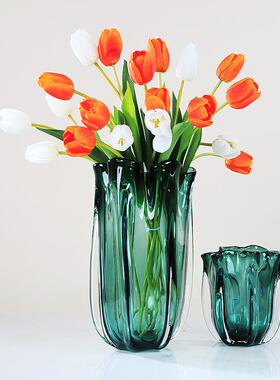 现代轻奢绿色艺术玻璃花瓶摆件简约餐桌样板房花器插花玻璃软装饰