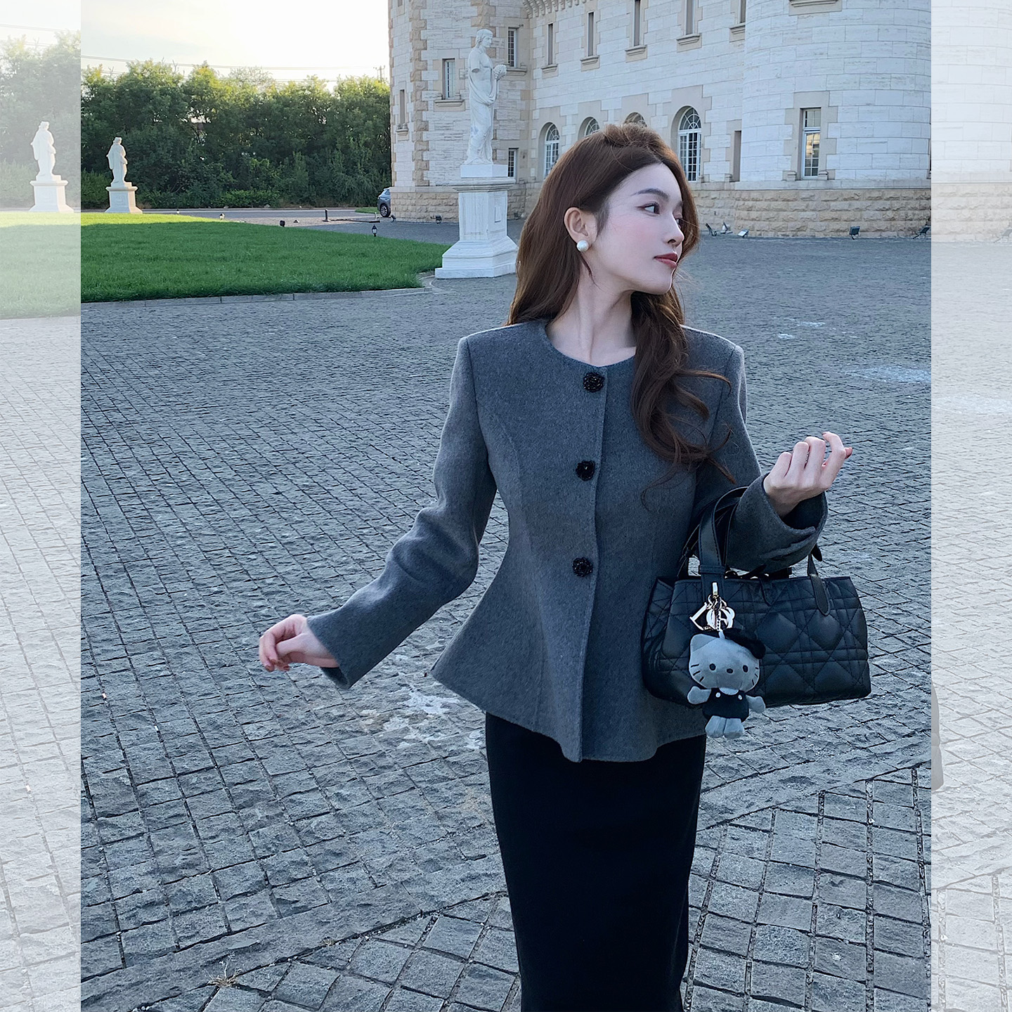 只有妮100羊毛气质短款收腰大衣