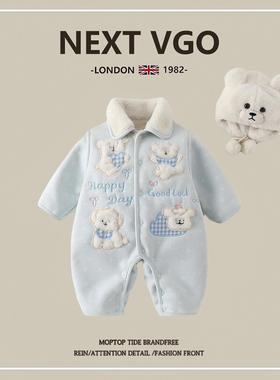 英国NEXT婴儿加绒连体衣秋冬宝宝卡通加厚哈衣小月龄毛绒保暖外出