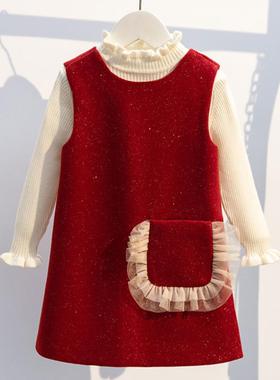 NEXT NAME女童背心连衣裙套装红色毛呢毛衣春秋冬款两件套女宝宝