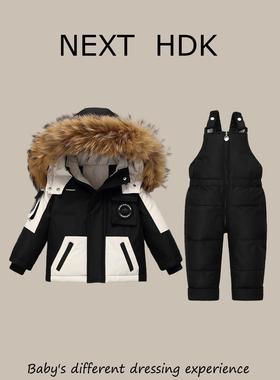 英国NEXT HDK冬季婴儿羽绒服加厚外套装周岁宝宝防风背带裤滑雪服