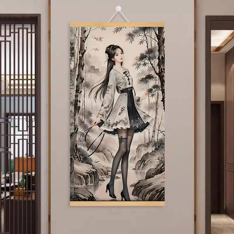 唐伯虎仕女图仿古卷轴装饰画