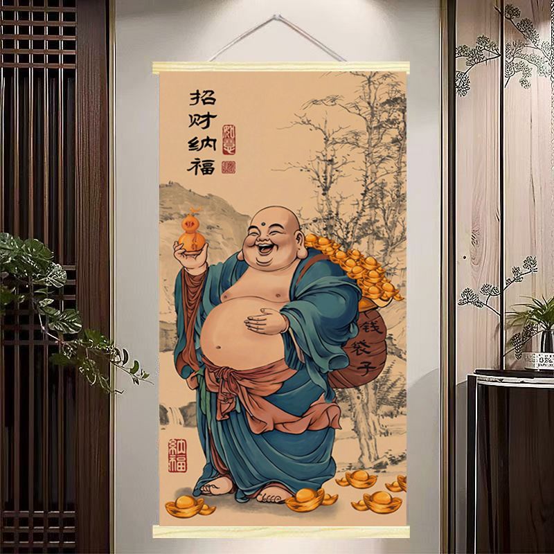 新中式弥勒佛钱袋子招财卷轴挂画