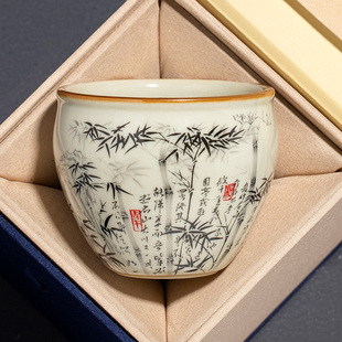 汝窑墨竹茶杯家用风水缸杯大号功夫品茗杯茶具开片可养陶瓷主人杯