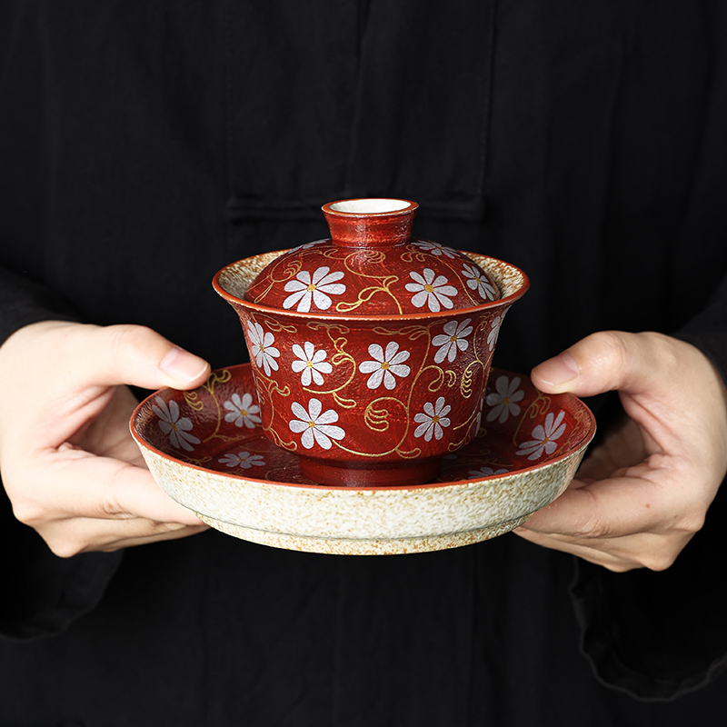 火山石釉金蔓雏菊三福盖碗2025新款单个高档防烫带盖茶碗功夫茶具