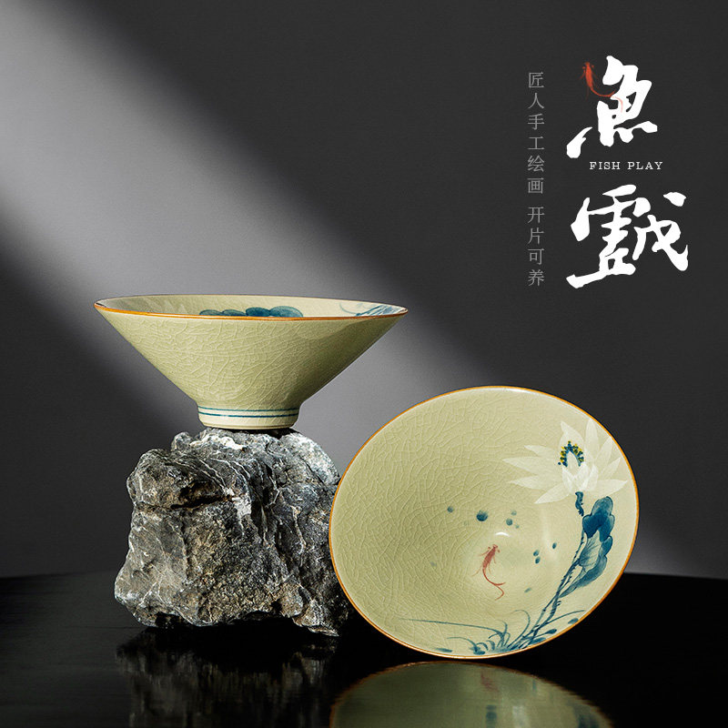 老陶泥茶杯手绘斗笠杯个人专用高档陶瓷主人杯家用功夫茶盏茶碗